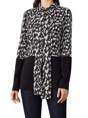 Derek Lam 10 Crosby Feathered two-toned Black & White Patterned Tie-Neck Blouse